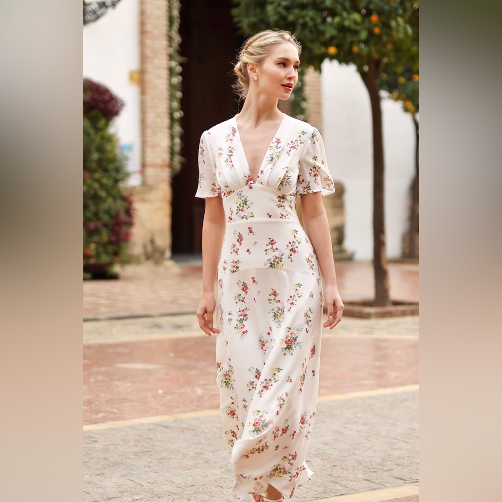 RIHOAS Floral Print Midi Dress in Cream